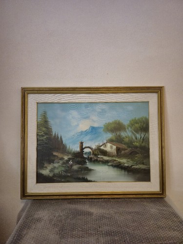 Quadro paesaggio con fiume - , e